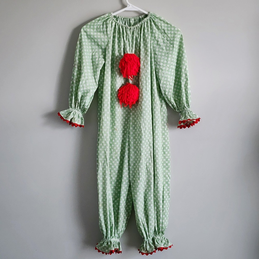 Clown Costume Kids 4T - 5T Green Gingham Jumpsuit Vintage Handmade Halloween